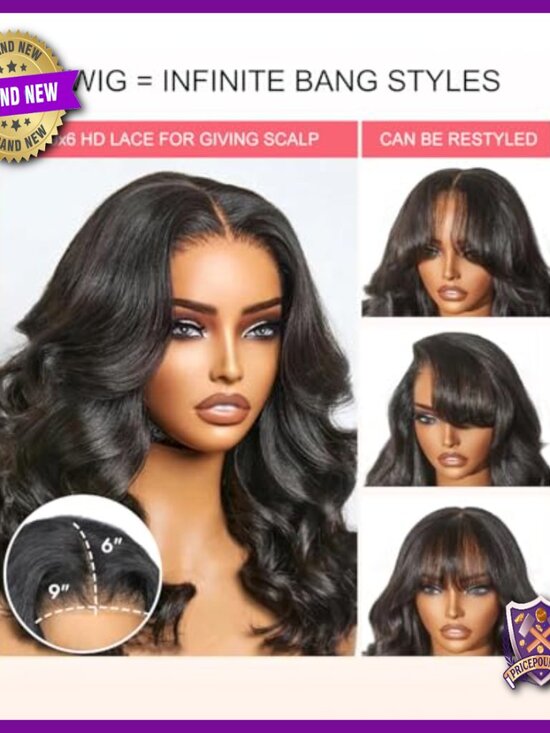 Glueless Human Hair Lace Front Wig with Curtain Bangs 18 Inch